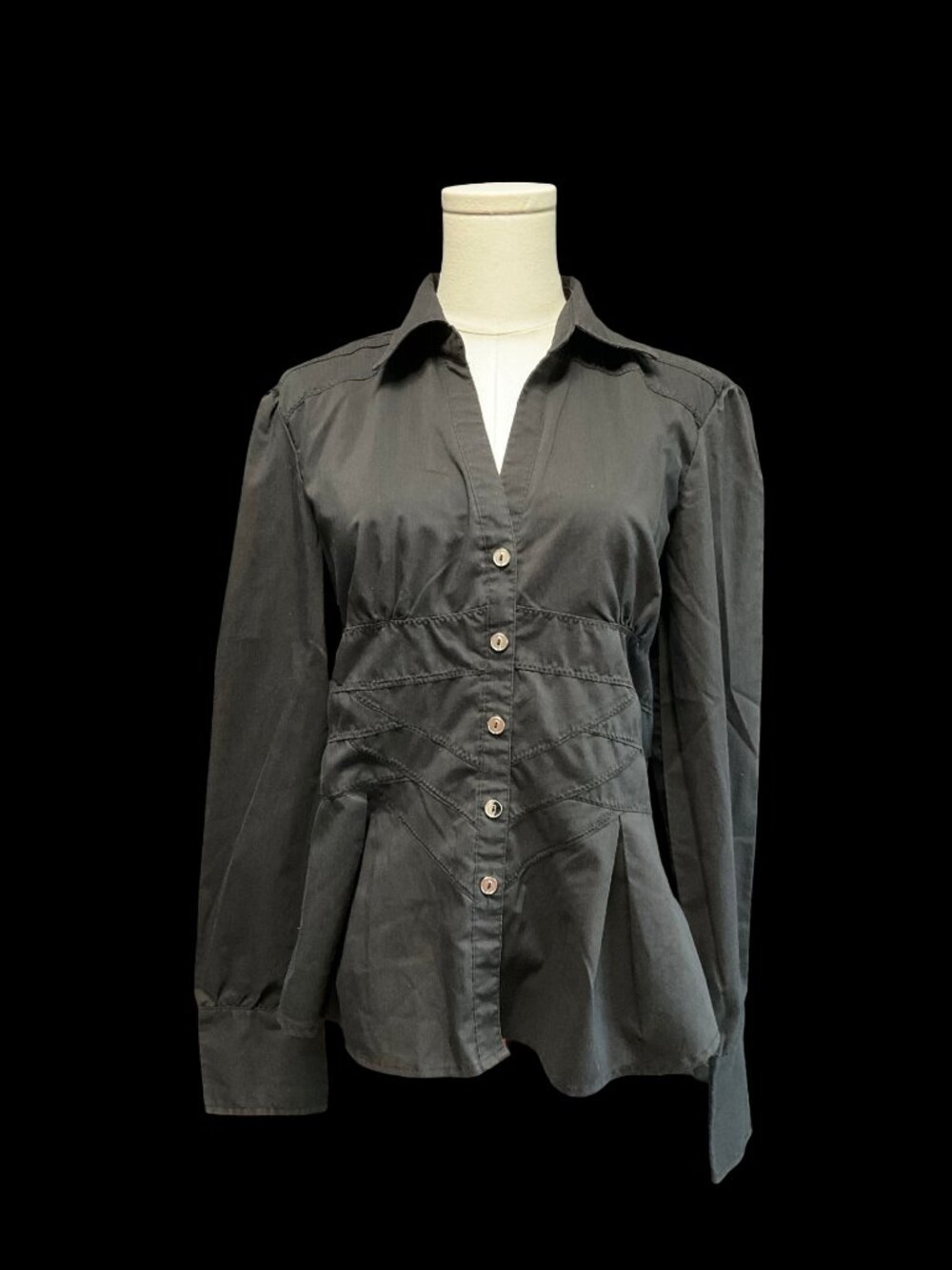 Black Long Sleeve Button Up Blouse w/ Waist Enhancing Stitching